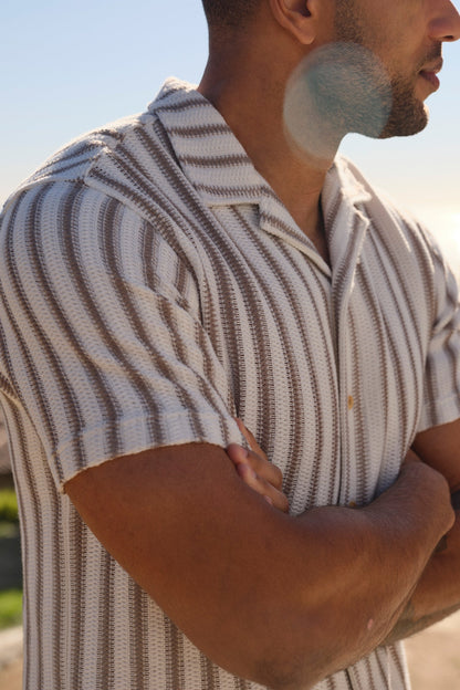 Fair Harbor Waveloom Crochet Shirt - Natural Stripe