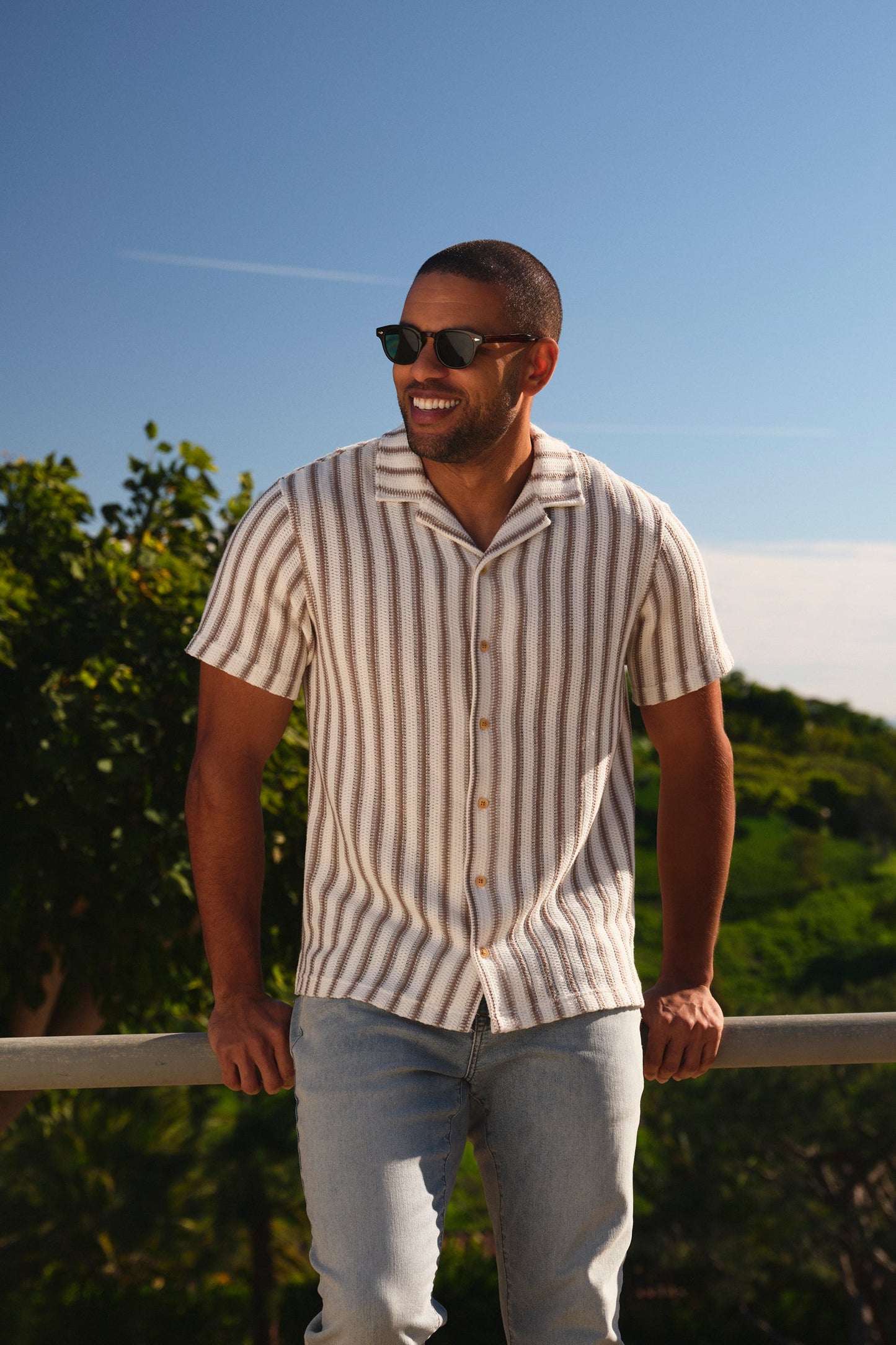 Fair Harbor Waveloom Crochet Shirt - Natural Stripe